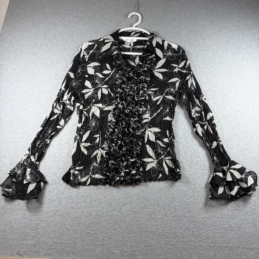 VTG D&Y Black Sheer Floral Blouse M Witchy Whimsigoth Ruffle Plisse Bell Sleeves